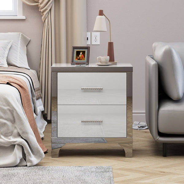 English Elm High Gloss Mirrored 2 Drawer Nightstand Slim Metal Legs Modern Bedroom Side Table White W5271P416521
