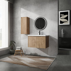 English Elm 30" Wall-Mounted Bathroom Vanity With Resin Sink & Side Cabinet For Modern Space-Saving Style W999S00219
