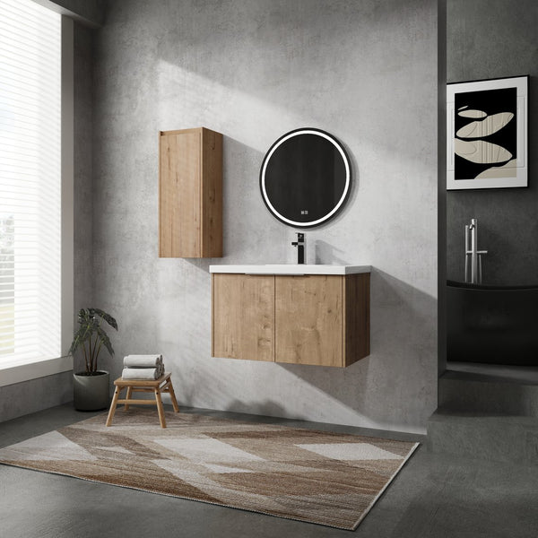 English Elm 30" Wall-Mounted Bathroom Vanity With Resin Sink & Side Cabinet For Modern Space-Saving Style W999S00219