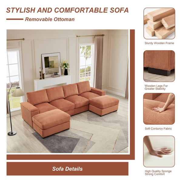 English Elm 122"l Corduroy Sectional with Dual Ottomans Modular U-shape Sofa for Modern Living Orange W1669S00022
