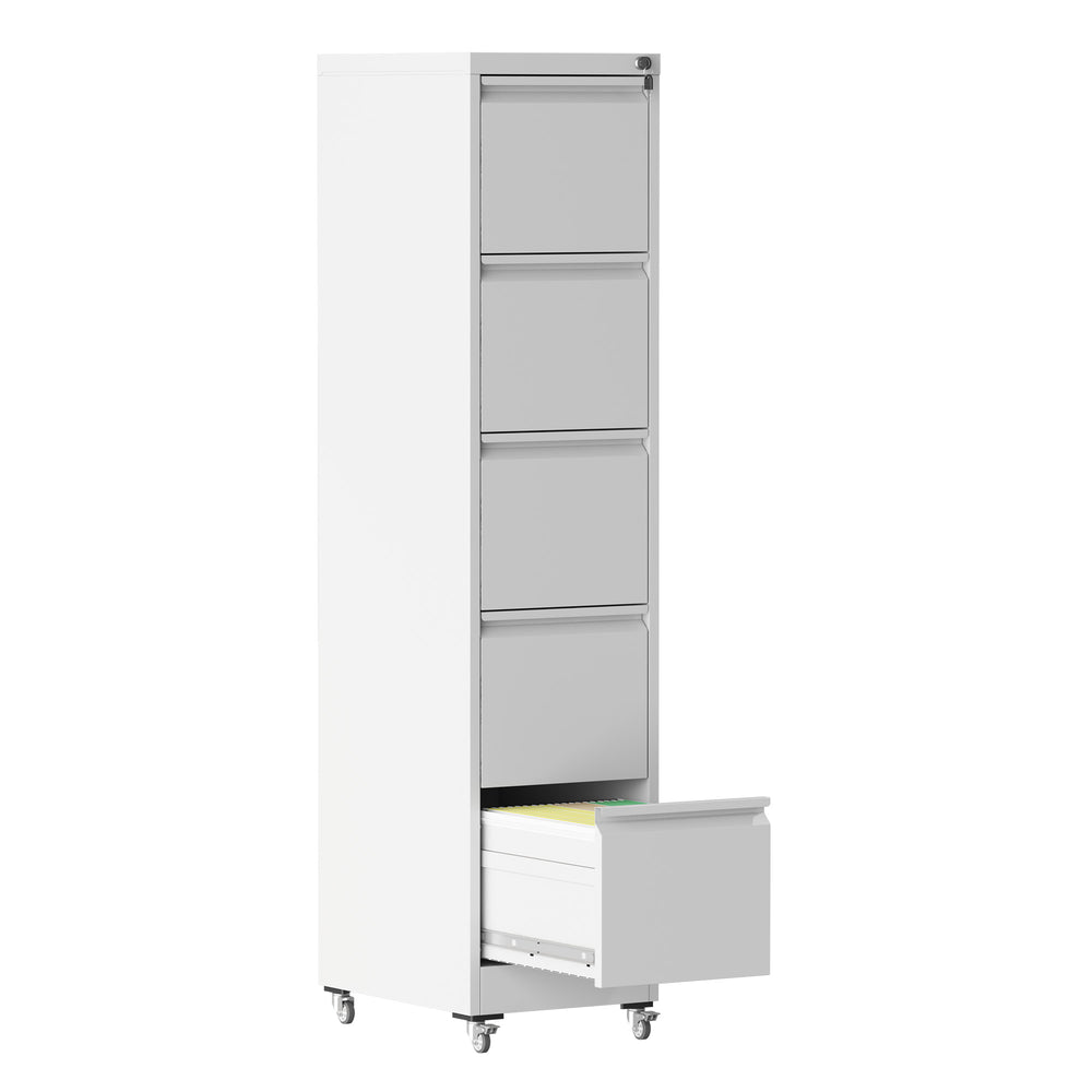 English Elm 5 Drawer Vertical File Cabinet on Wheels with Lock, Heavy-Duty Steel, Anti-Tilt Mobile Storage for A4/Letter/Legal Files White T2398P310088
