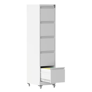 English Elm 5 Drawer Vertical File Cabinet on Wheels with Lock, Heavy-Duty Steel, Anti-Tilt Mobile Storage for A4/Letter/Legal Files White T2398P310088