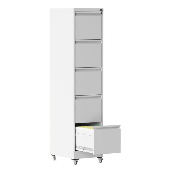 English Elm 5 Drawer Vertical File Cabinet on Wheels with Lock, Heavy-Duty Steel, Anti-Tilt Mobile Storage for A4/Letter/Legal Files White T2398P310088