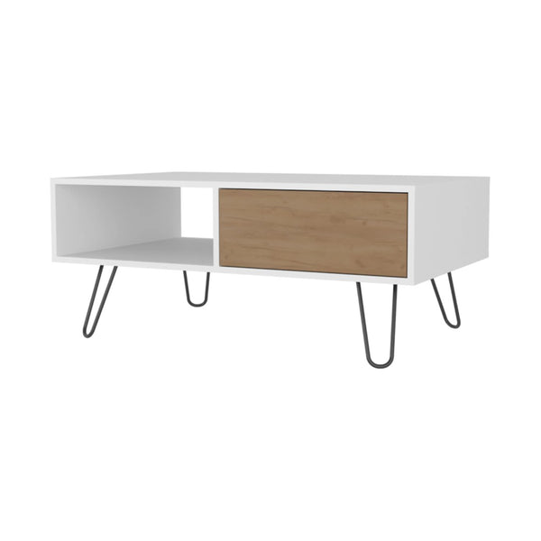 English Elm White Modern Coffee Table With Natural Oak Accents, 1-Drawer Storage & Stylish Hairpin Legs B062P290226-GIGA