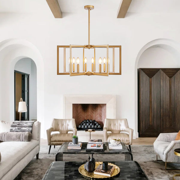 English Elm 27" Modern Geometric 8-Light Chandelier — Industrial Iron Pendant Fixture for Living Room Dining Kitchen Gold W2312P368726