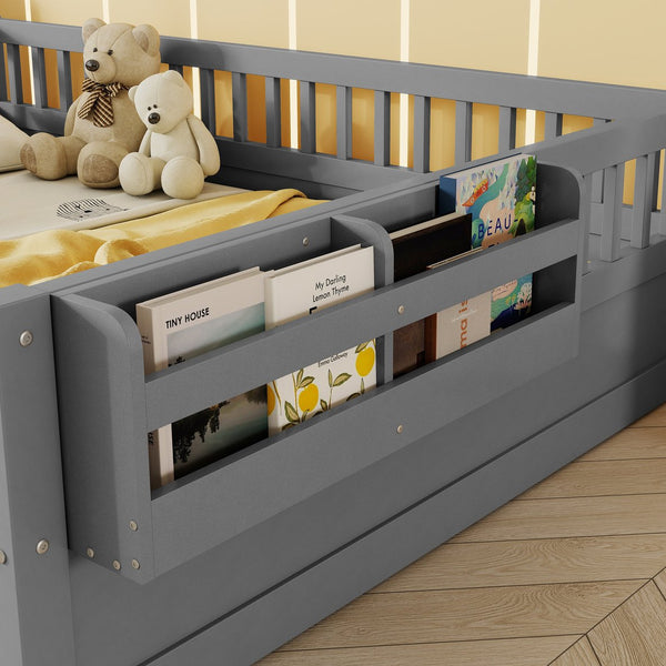 English Elm Full Montessori floor bed offering high rails, built-in light and shelf for safe independent sleep and storage Grey 79.13 L x 13 W x 6.3 H W2593P333796