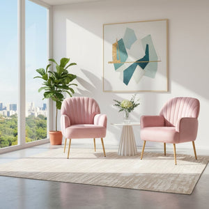 English Elm Velvet Barrel Accent Chair Tufted Shell Back with Metal Legs for Living Room Pink W5722P462513