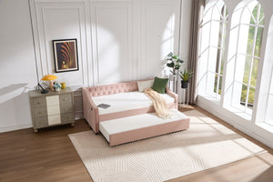 English Elm Twin Velvet Daybed with Pull Out Trundle Tufted Back Usb Port and Side Pockets Pink W1361S00037