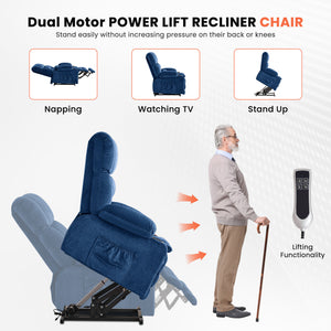 English Elm Dual Motor Large Power Lift Recliner Chair with Waist Kneading & Heat, Extended Footrest, USB Ports Blue W1521S00073