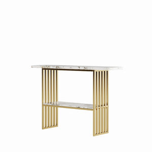 English Elm 47''double Semi-circle Console Table with Led Lighting and Sculptural Hammered Wood Base W2263P395489