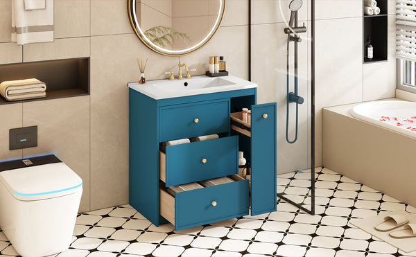 English Elm 30'' Modern Bathroom Vanity With Ceramic Sink, Durable Blue Finish & Ample Storage For Essentials N710P228374C