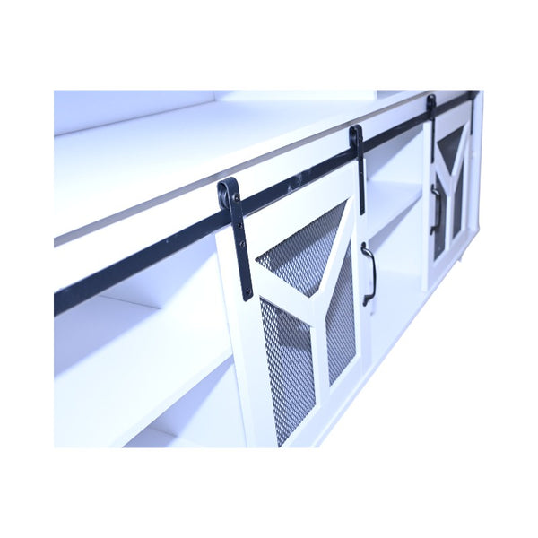 English Elm 65.3" TV Stand with LED Ambience, Sliding Iron Mesh Barn Doors, Y-Accent Rustic Farmhouse Storage White+Walnut W1412P271798