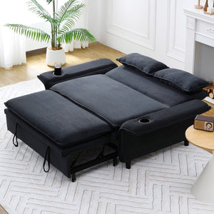 English Elm 65.74-inch convertible letter sofa bed with adjustable armrests, pull-out extension, cup holders, durable frame and plush sponge cushions Black W3371P311476