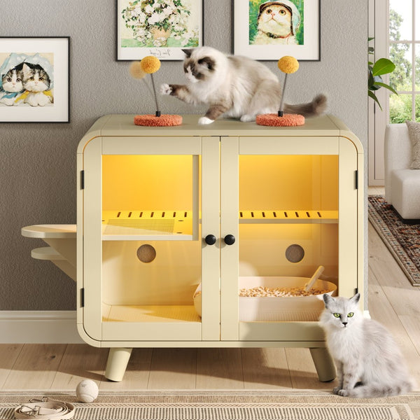 English Elm Cat Litter Box Enclosure Mdf Cabinet with Rgb Lighting Glass Doors and Play Loft Beige N704P419240A