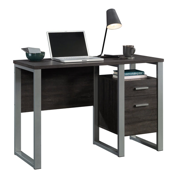 English Elm Desk, Engineered Wood Home Office Desk with Large Work Surface, Cubbyhole & Adjustable Shelf, Compact Durable Design, Easy Assembly, Qi-Ready Dark Brown B356P354458