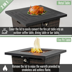 English Elm 28" 28inch Propane Fire Pit Table 50000 BTU Square Steel Outdoor Patio Table with Rocks Lid Black Brown W853102854