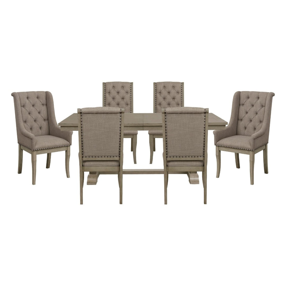 English Elm Classic Oak Veneer Trestle Dining Set Seats Six with Tufted Nailhead Upholstered Chairs B011S02338