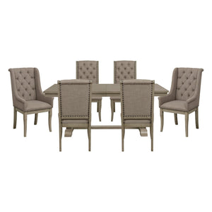English Elm Classic Oak Veneer Trestle Dining Set Seats Six with Tufted Nailhead Upholstered Chairs B011S02338