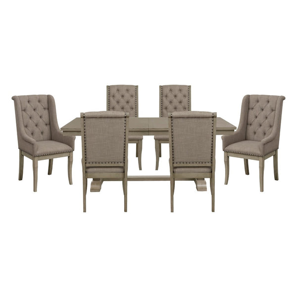 English Elm Classic Oak Veneer Trestle Dining Set Seats Six with Tufted Nailhead Upholstered Chairs B011S02338