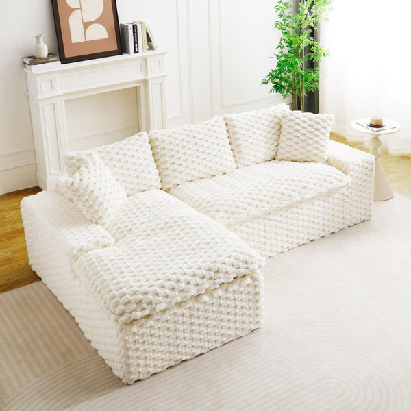 English Elm White Turtle Velvet Convertible Sofa: Stylish L-Shape Twin-Seat With Left Chaise For Cozy Lounging W3371S00037-GIGA