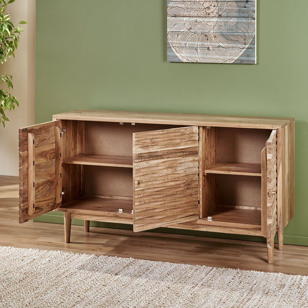 English Elm Christopher Knight Home® - SIDEBOARD Handcrafted 3-Door Natural Acacia Wood Boho Side Cabinet with Carved Texture & Storage 68732.00