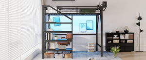 English Elm Queen Metal Loft Bed with Staircase Storage Foldable Desk and Built-in Charging W2580S00073