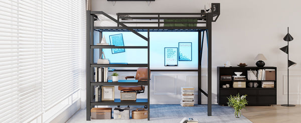 English Elm Queen Metal Loft Bed with Staircase Storage Foldable Desk and Built-in Charging W2580S00073