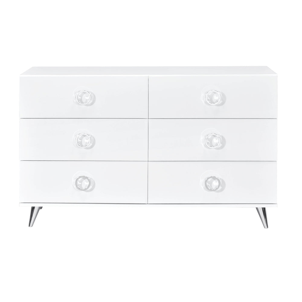 English Elm White 6-Drawer Dresser with Chrome Round Hardware & Hairpin Legs, Space-Saving White Veneer Storage Elegance B062P209048