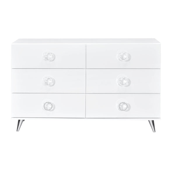 English Elm White 6-Drawer Dresser with Chrome Round Hardware & Hairpin Legs, Space-Saving White Veneer Storage Elegance B062P209048