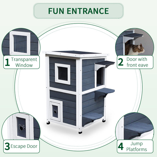 English Elm PawHut Weatherproof Outdoor Cat House with Raised Floor, Garden Planter & Multiple Entrances for Comfort and Play Grey+White W2225P217565