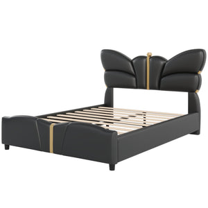 English Elm Christopher Knight Home® - Full Upholstered PU Leather Bed Frame with Butterfly Headboard, Gold Accents, Solid Wood Platform Black 78.25 L x 10 W x 3.25 H N761S0000018B