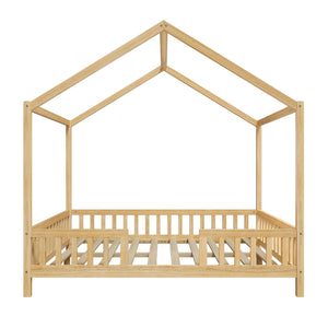 English Elm Montessori House Bed Frame Twin with Canopy & Full Guardrails, Cozy Kids Platform Bed for Toddlers Natural 77.8 L x 17.25 W x 7 H N733P356048M