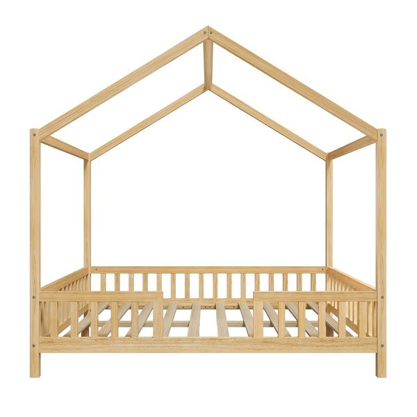 English Elm Montessori House Bed Frame Twin with Canopy & Full Guardrails, Cozy Kids Platform Bed for Toddlers Natural 77.8 L x 17.25 W x 7 H N733P356048M