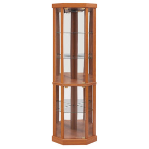 English Elm Corner Lighted Curio Cabinet with Bulbs, Adjustable Glass Shelves, Anti-Tip, Dark Oak Finish, Elegant Display W2275P296057