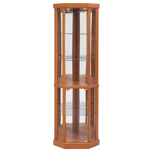 English Elm Corner Lighted Curio Cabinet with Bulbs, Adjustable Glass Shelves, Anti-Tip, Dark Oak Finish, Elegant Display W2275P296057
