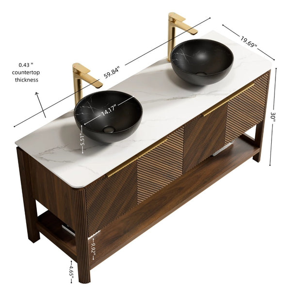 English Elm Dina 60 Inch Floating Bathroom Vanity Sintered Stone Top Dual Glass Basins Wood Grain W2615S00728