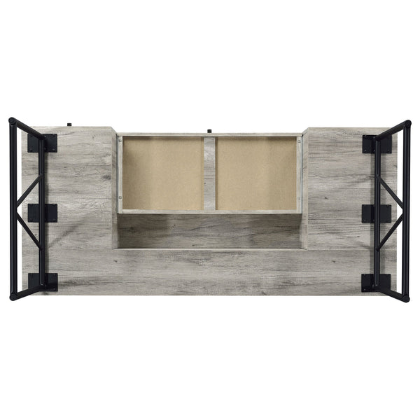 English Elm 1pc Rustic Industrial 63-inch 4-Drawer Writing Desk with Open Shelf, Wood Grain Top and Black Metal Legs Driftwood,Gray 74.21 L x 32.28 W x 6.5 H B011P362070