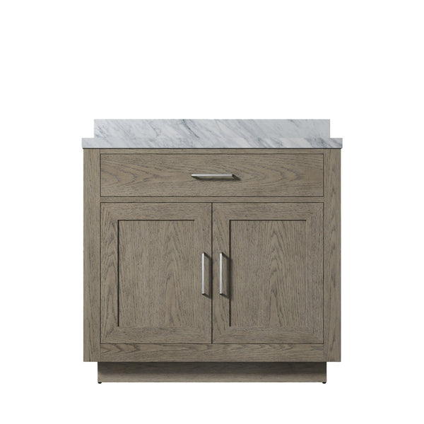 English Elm Grey Oak Single-Sink Vanity With Elegant Carrara Marble Top - Fully Assembled, Soft-Close Hardware B2731P257678
