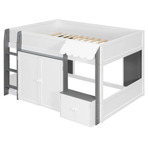 English Elm Twin House Loft Bed with Pull Out Rolling Desk Stair Drawers and Cabinet Storage White+Gray N820S00074E