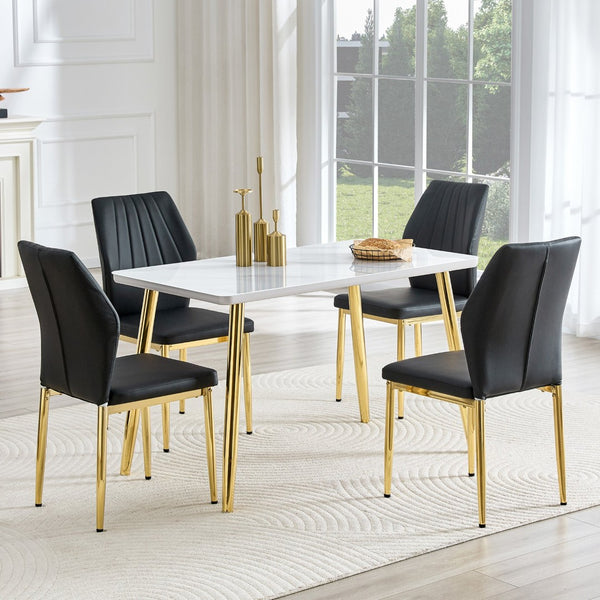 English Elm Table and Chair Set Marble Glass Top Gold Legs Modern 5 Piece Dining for Small Spaces White+Gold W1151S04636