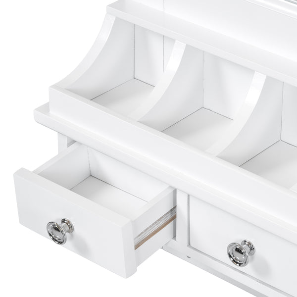 English Elm Floating Compact Wall Organizer Vanity with Large Mirror, Drawers, Hooks & Shelves for Small Spaces N844P292485A