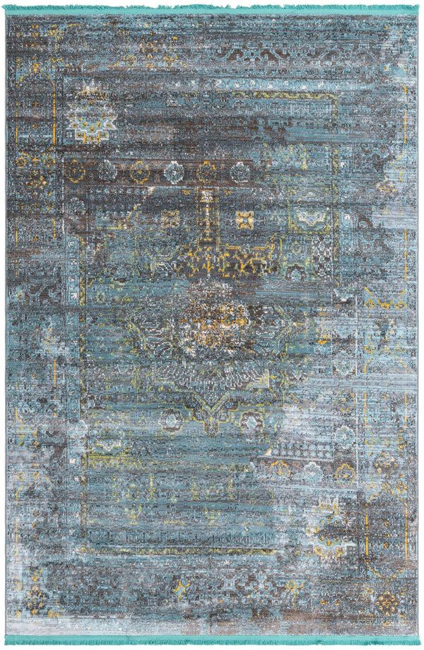 Unique Loom Baracoa Castro Machine Made Border Rug Turquoise, Ivory/Gray/Gold/Yellow 6' 1" x 9' 0"