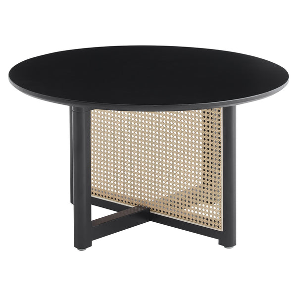 English Elm Mid-century round solid wood coffee table with PE rattan stand, 31.5" Boho black centerpiece, durable style W2720P237624