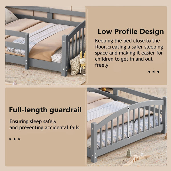 English Elm Full Montessori Pine Wood Floor Bed with Safety Rails Low Profile Kids Room Frame Gray N733P400299E
