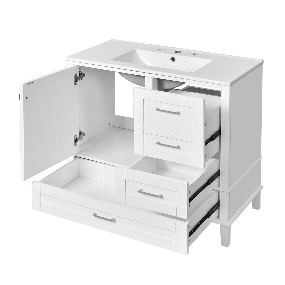 English Elm 36" White Bathroom Vanity Solid Pine Frame with Soft-Close Door, 3 Versatile Drawers & Ceramic Top N729P211167K