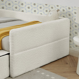 English Elm Twin Boucle Upholstered Kids Bed with Guardrails Built in Storage and Cushioned Step Stool Beige W1413P433364