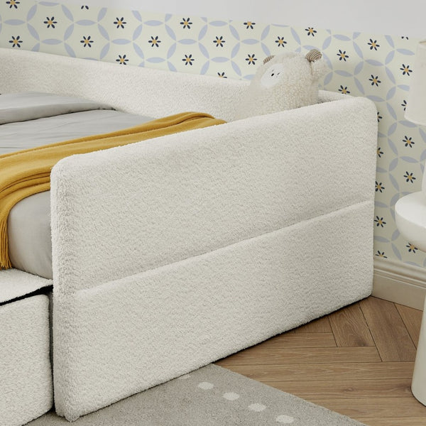 English Elm Twin Boucle Upholstered Kids Bed with Guardrails Built in Storage and Cushioned Step Stool Beige W1413P433364