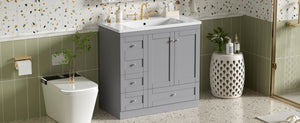 English Elm 36 Inch Shaker Bathroom Vanity with Resin Sink Four Soft Close Drawers Mdf Cabinet Gray N729P000028E