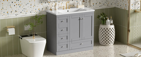 English Elm 36 Inch Shaker Bathroom Vanity with Resin Sink Four Soft Close Drawers Mdf Cabinet Gray N729P000028E