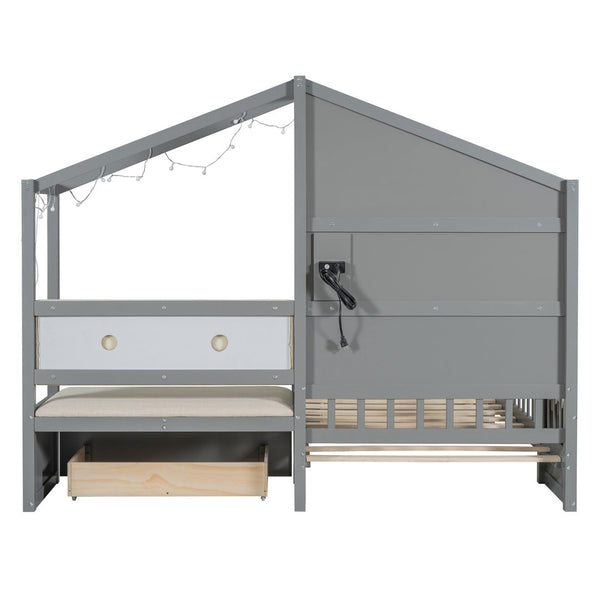 English Elm Twin House Bed Frame with Sofa Seating Led Lighting Drawers and Wireless Charging LP000521AAE-1